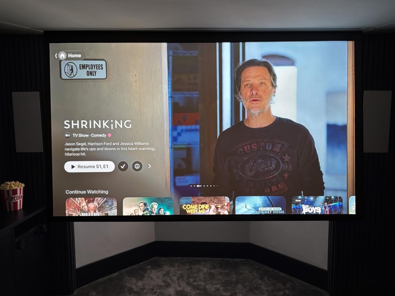 Bay window with projector screen in front